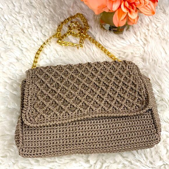 Crocheted Tan of Gold Strap Crossbody Bag Purse Handbag Medium Size - Picture 1 of 9